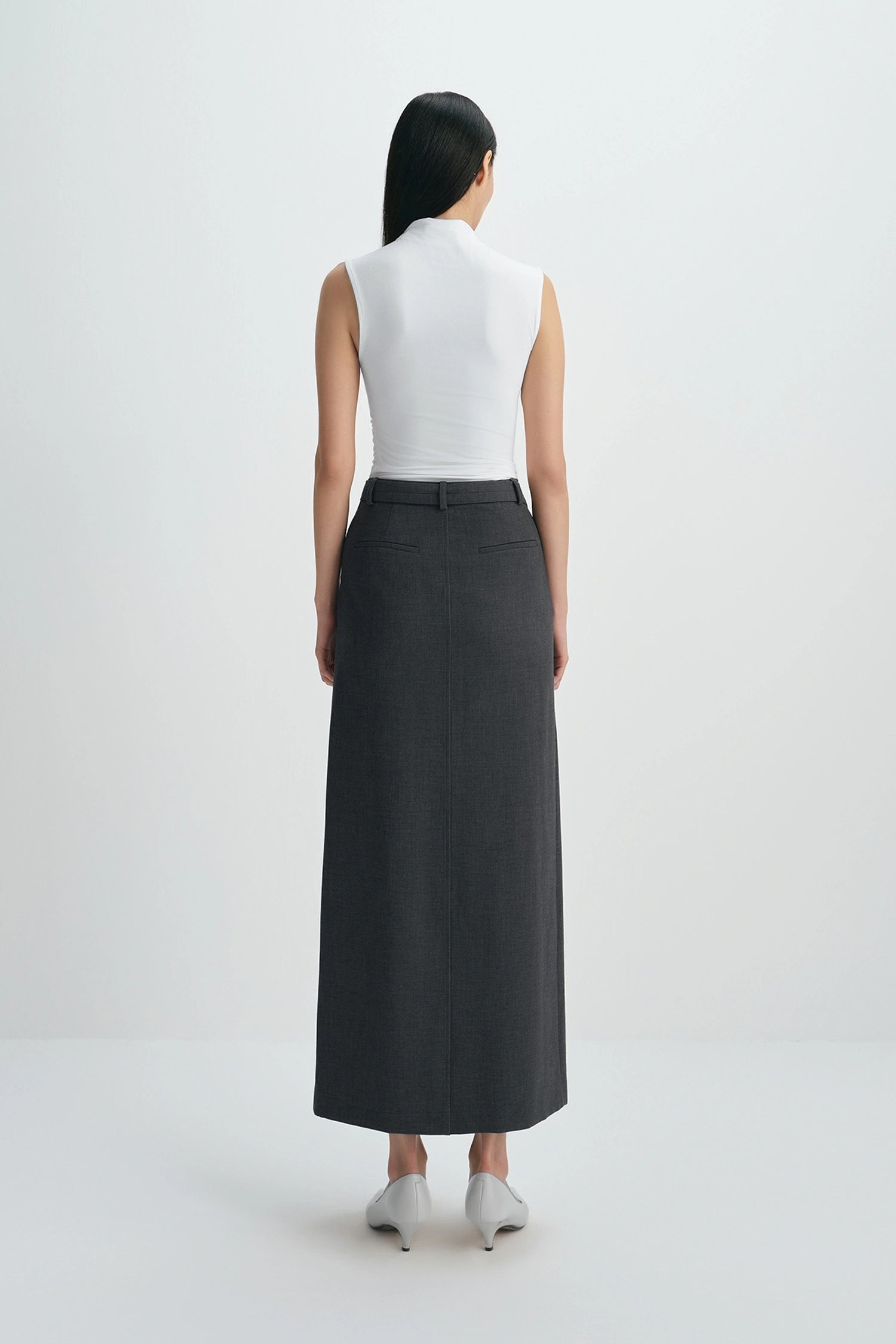 Noelia Center Slit Belted Skirt H.Charcoal