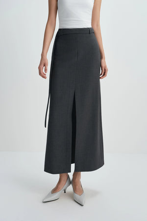 Noelia Center Slit Belted Skirt H.Charcoal