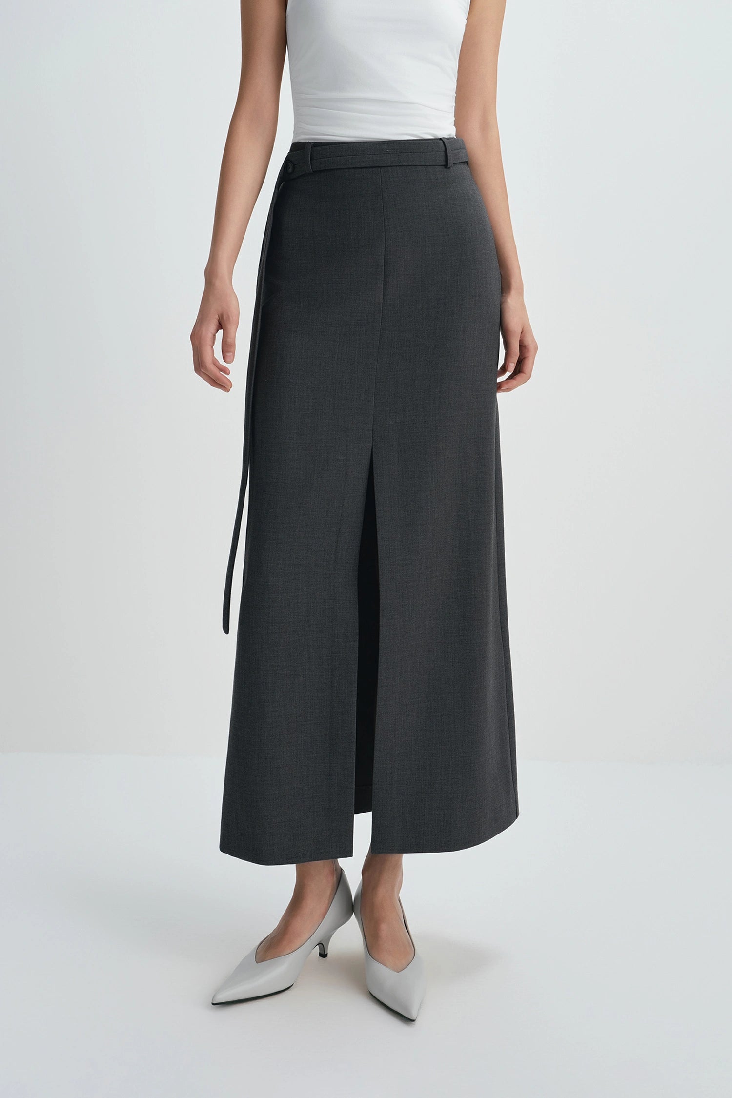 Noelia Center Slit Belted Skirt H.Charcoal