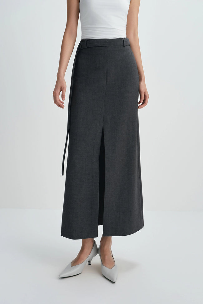 Noelia Center Slit Belted Skirt H.Charcoal