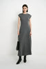 A model wearing the Rue Sophie Avi Out Stitched Dress in heather charcoal with cap sleeves, center-front stitching, and a softly flared maxi silhouette, front view.