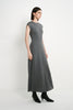A model wearing the Rue Sophie Avi Out Stitched Dress in heather charcoal, featuring a fitted bodice, cap sleeves, and exposed center stitching, three-quarter view.