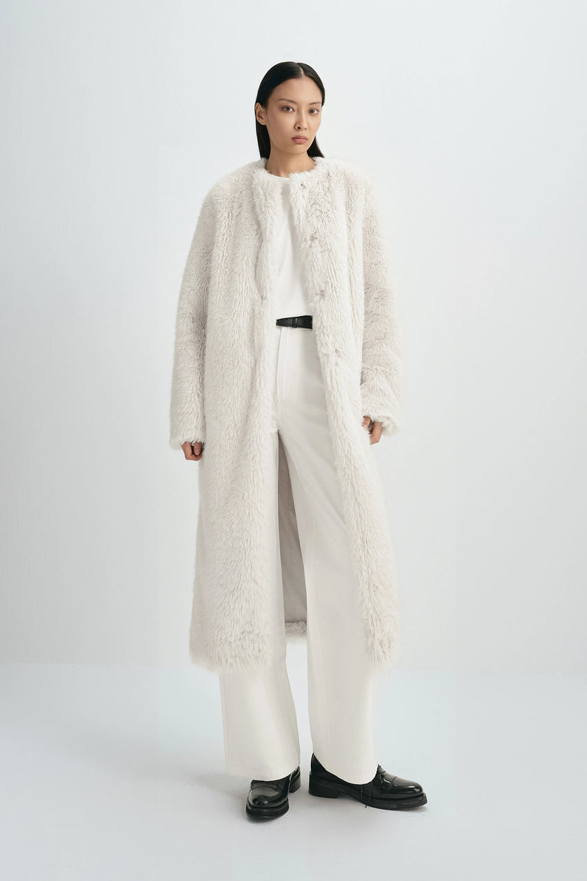 Ness Long Hair Faux Fur Coat Beige