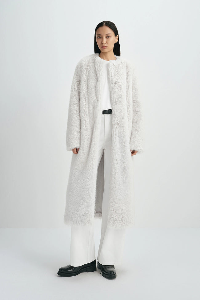 Ness Long Hair Faux Fur Coat Beige