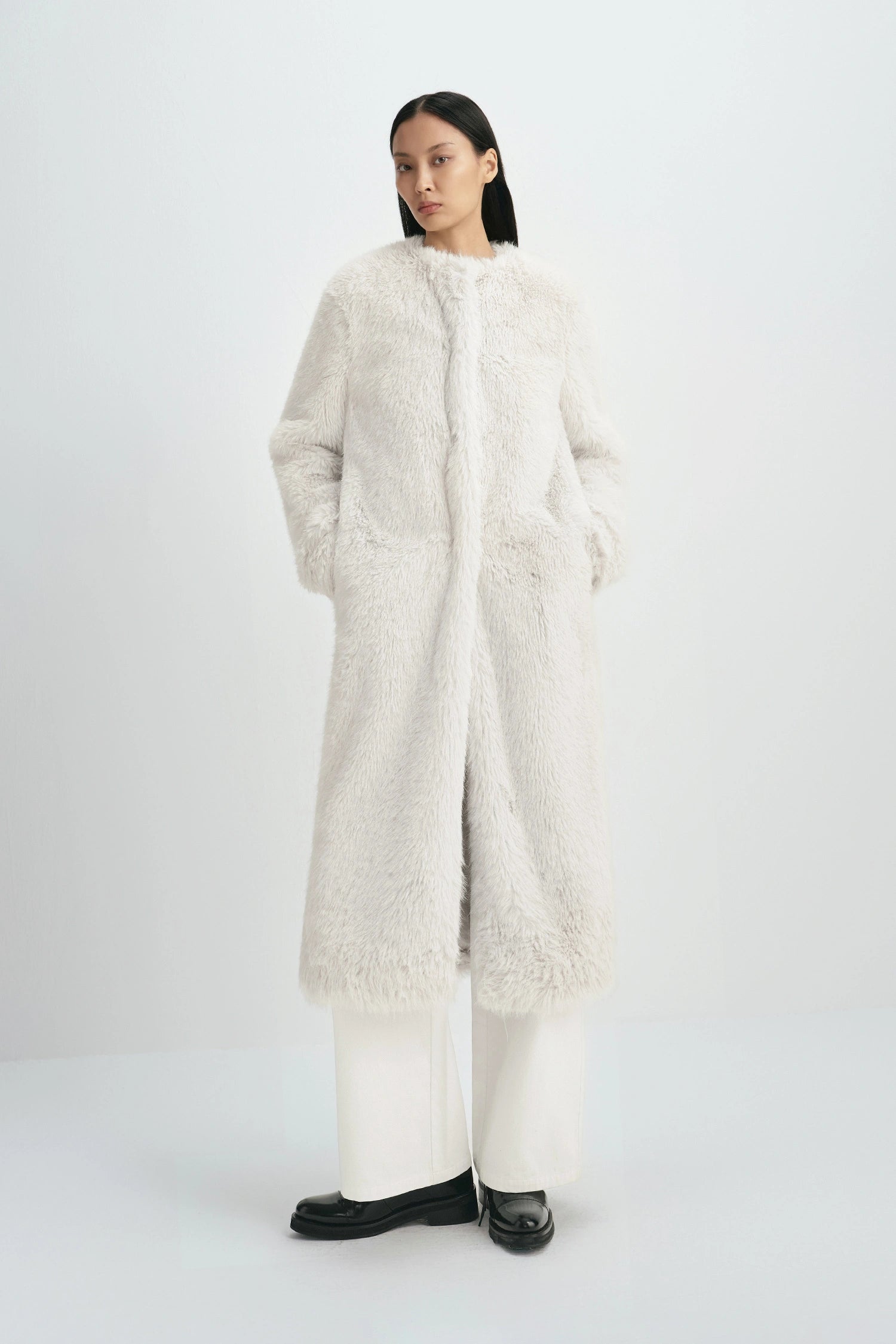 Ness Long Hair Faux Fur Coat Beige
