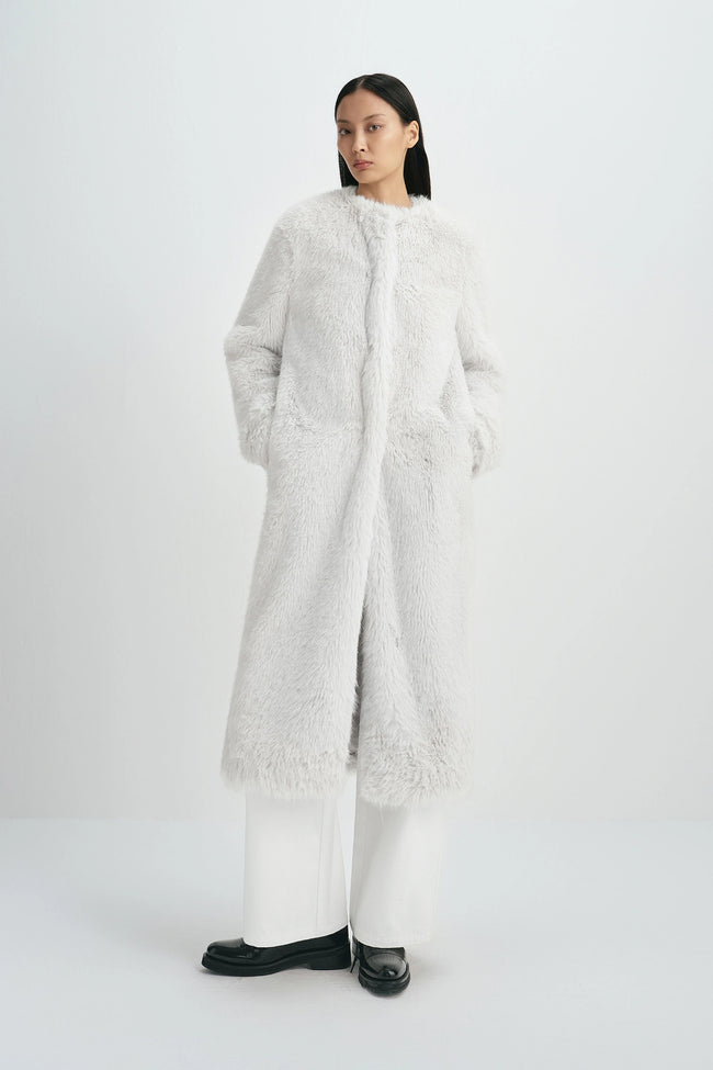 Ness Long Hair Faux Fur Coat Beige