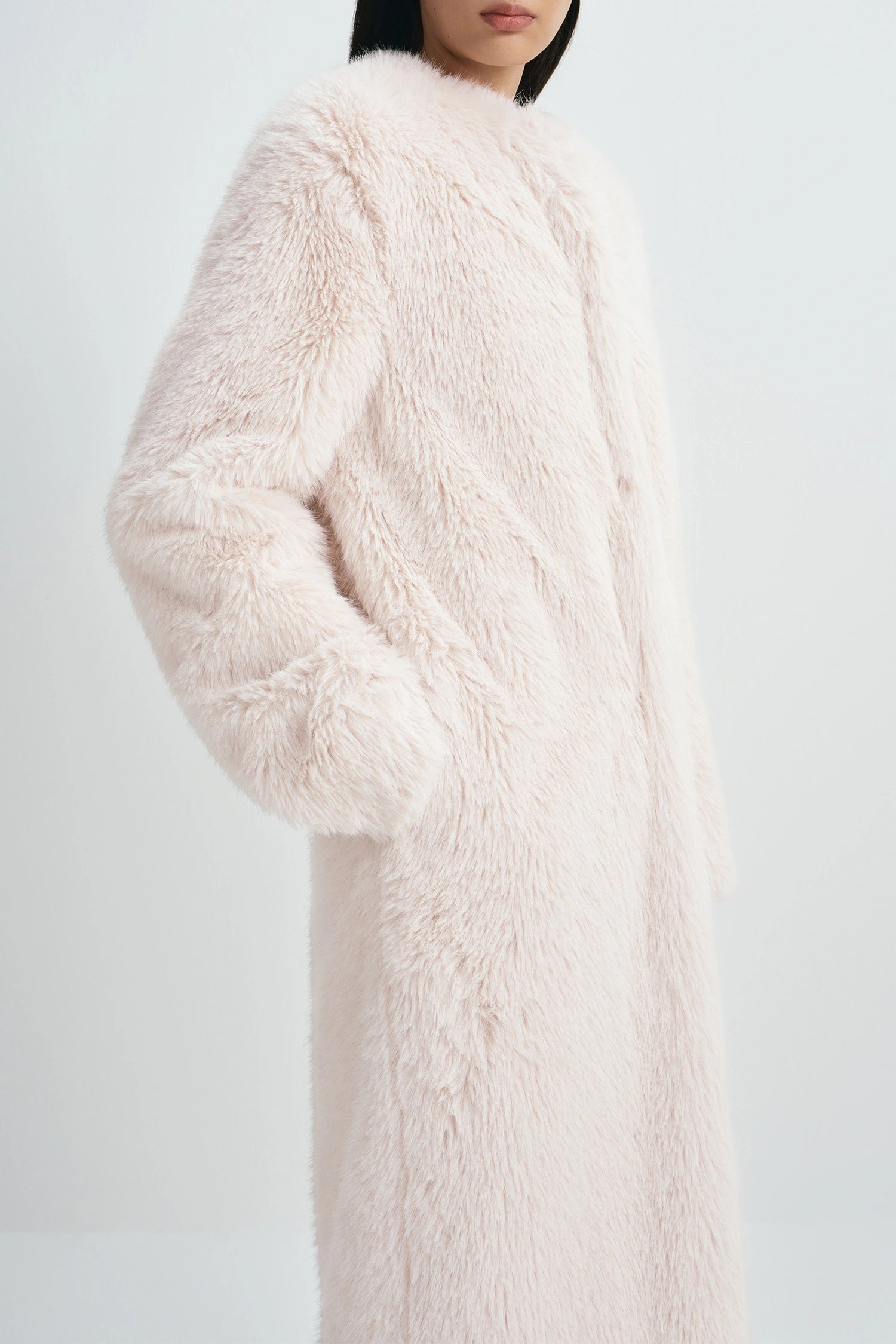 Ness Long Hair Faux Fur Coat Beige