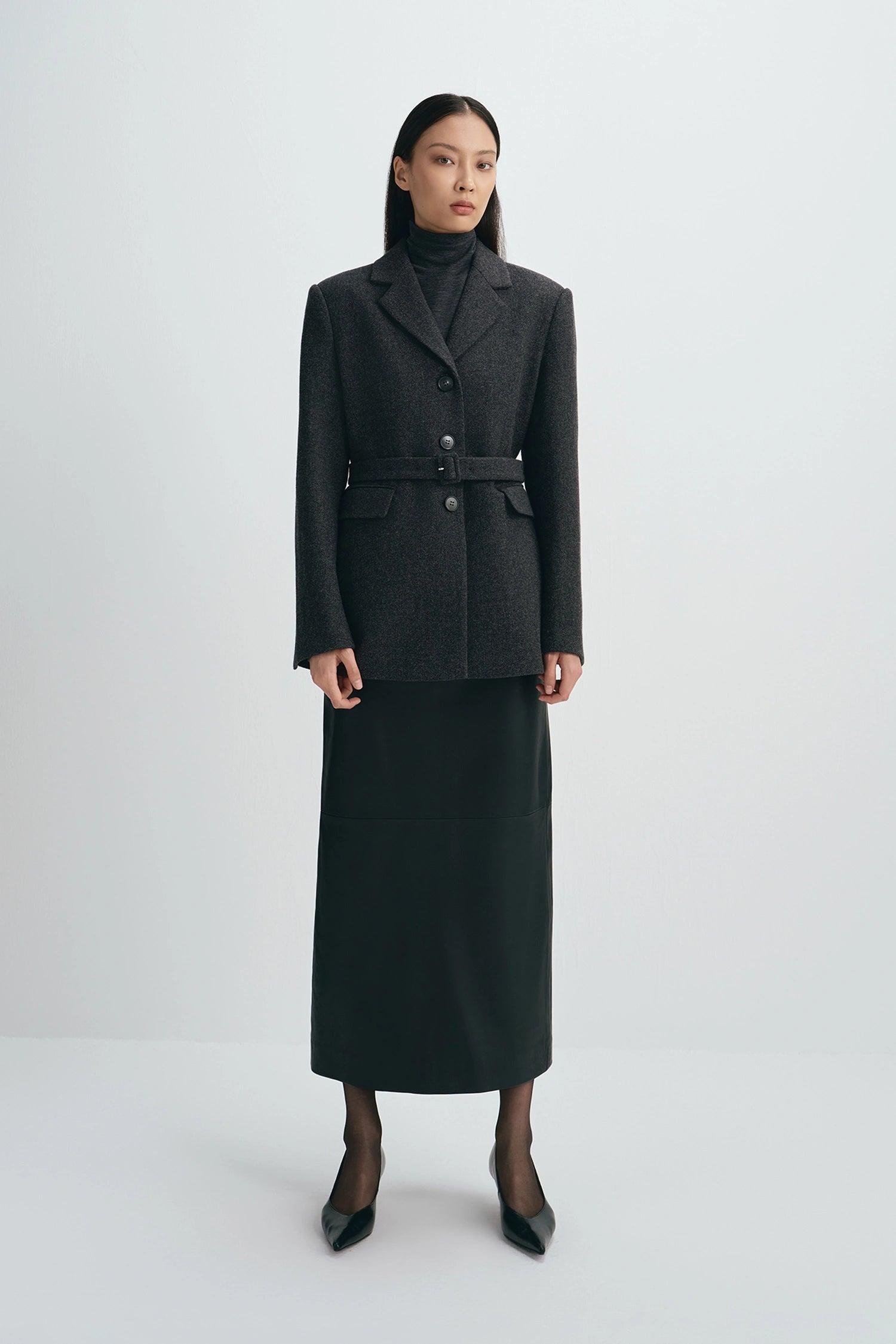 Roan Belted Wool Blazer H.Charcoal