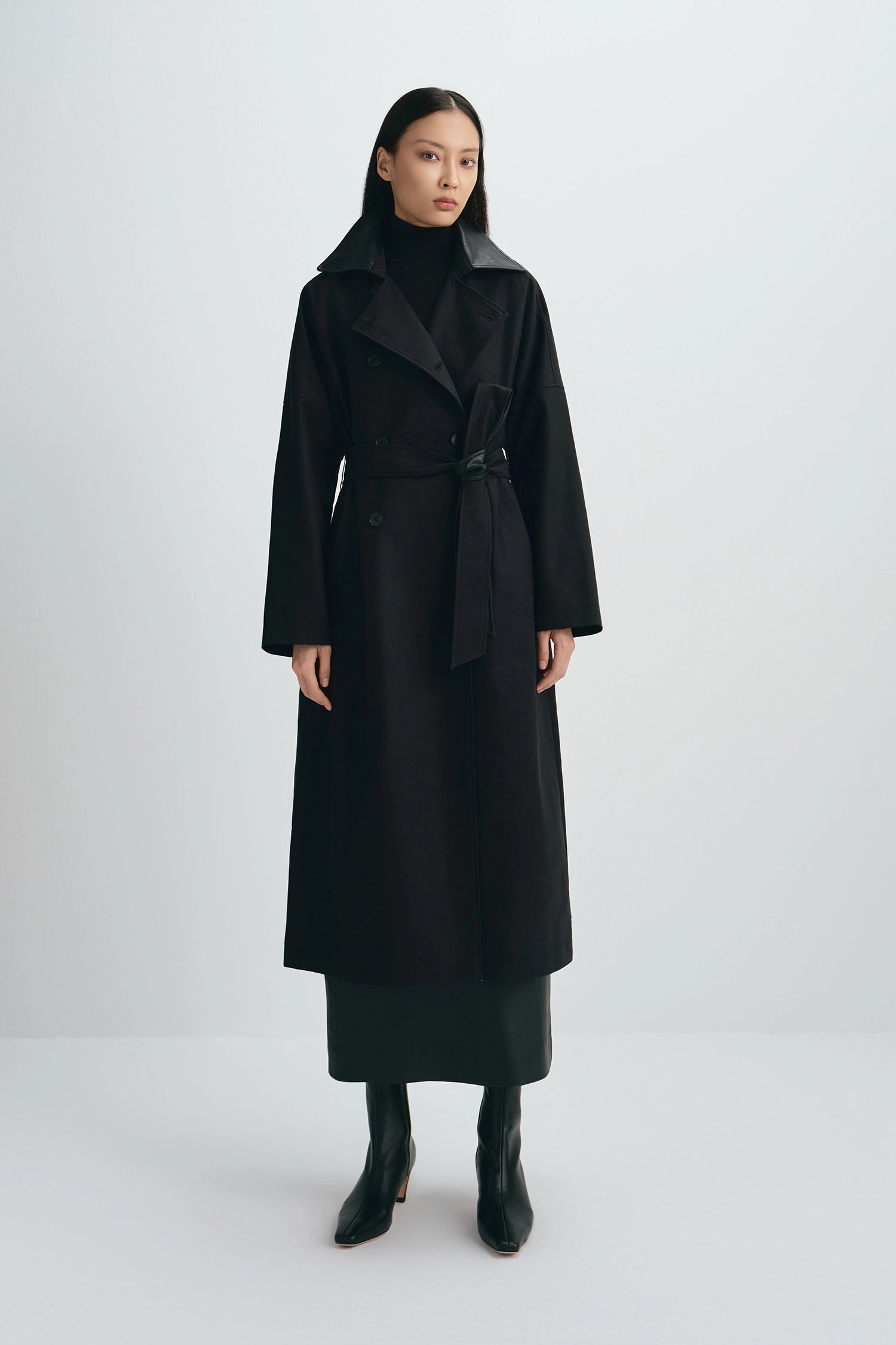 Easton Leather Collar Trench Coat Black