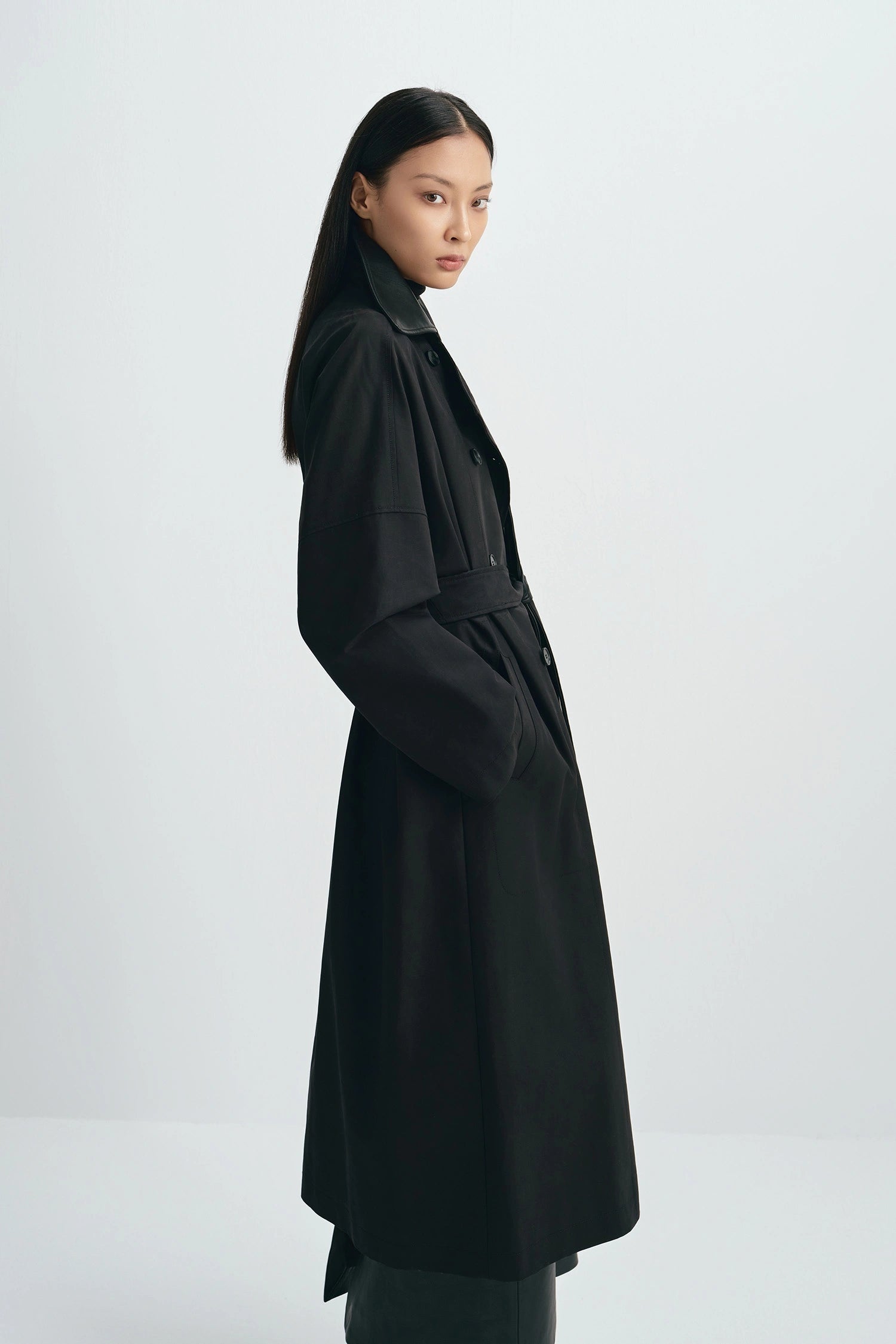 Easton Leather Collar Trench Coat Black