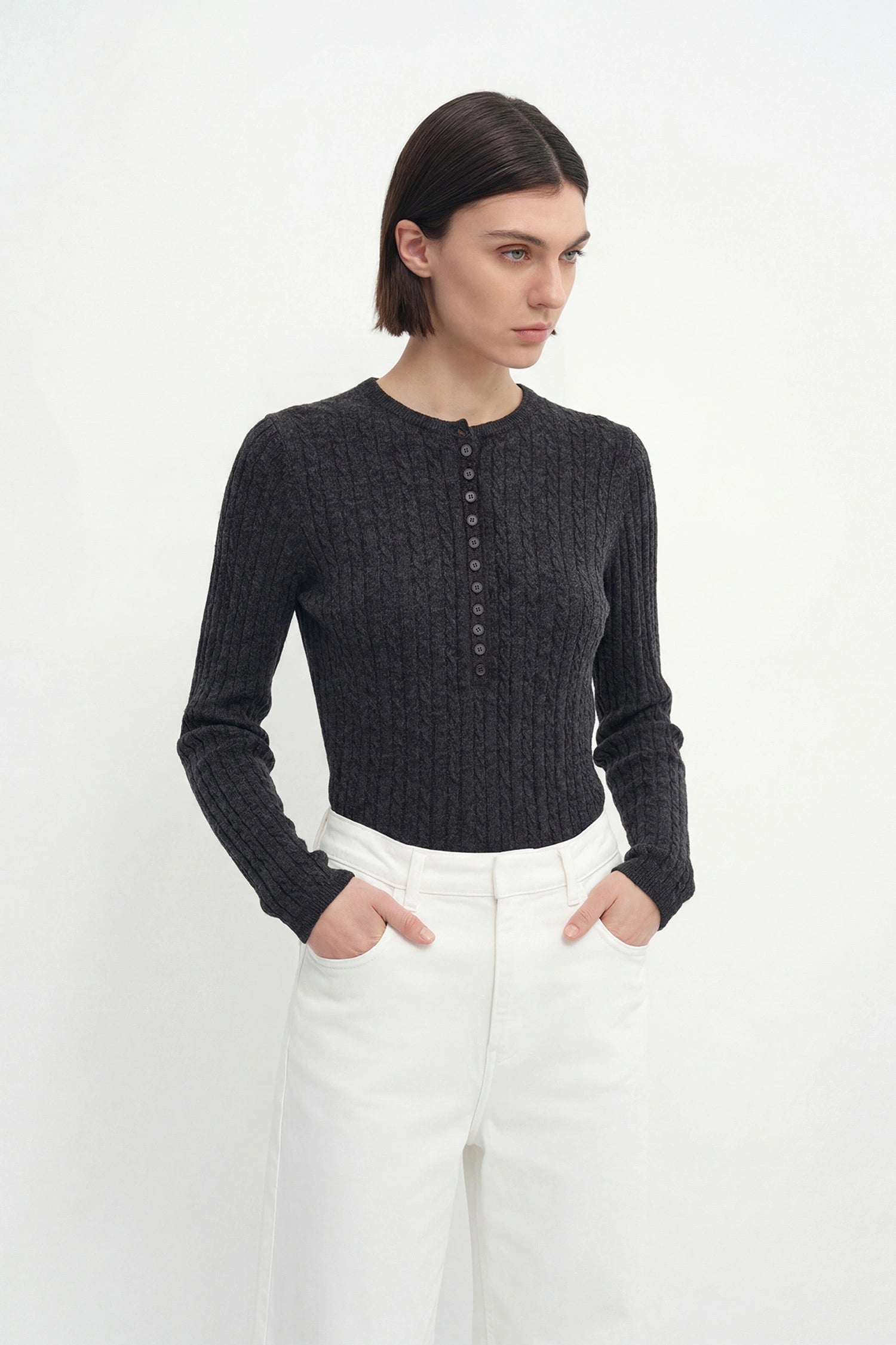 Richie Button Up Cable Sweater-H.Grey