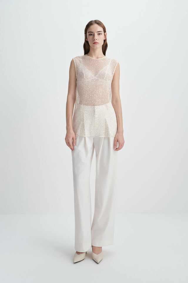 Ananya Sequinced Mesh Top Creme