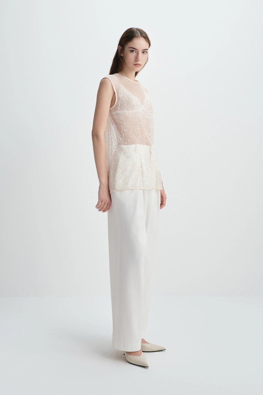 Ananya Sequinced Mesh Top Creme