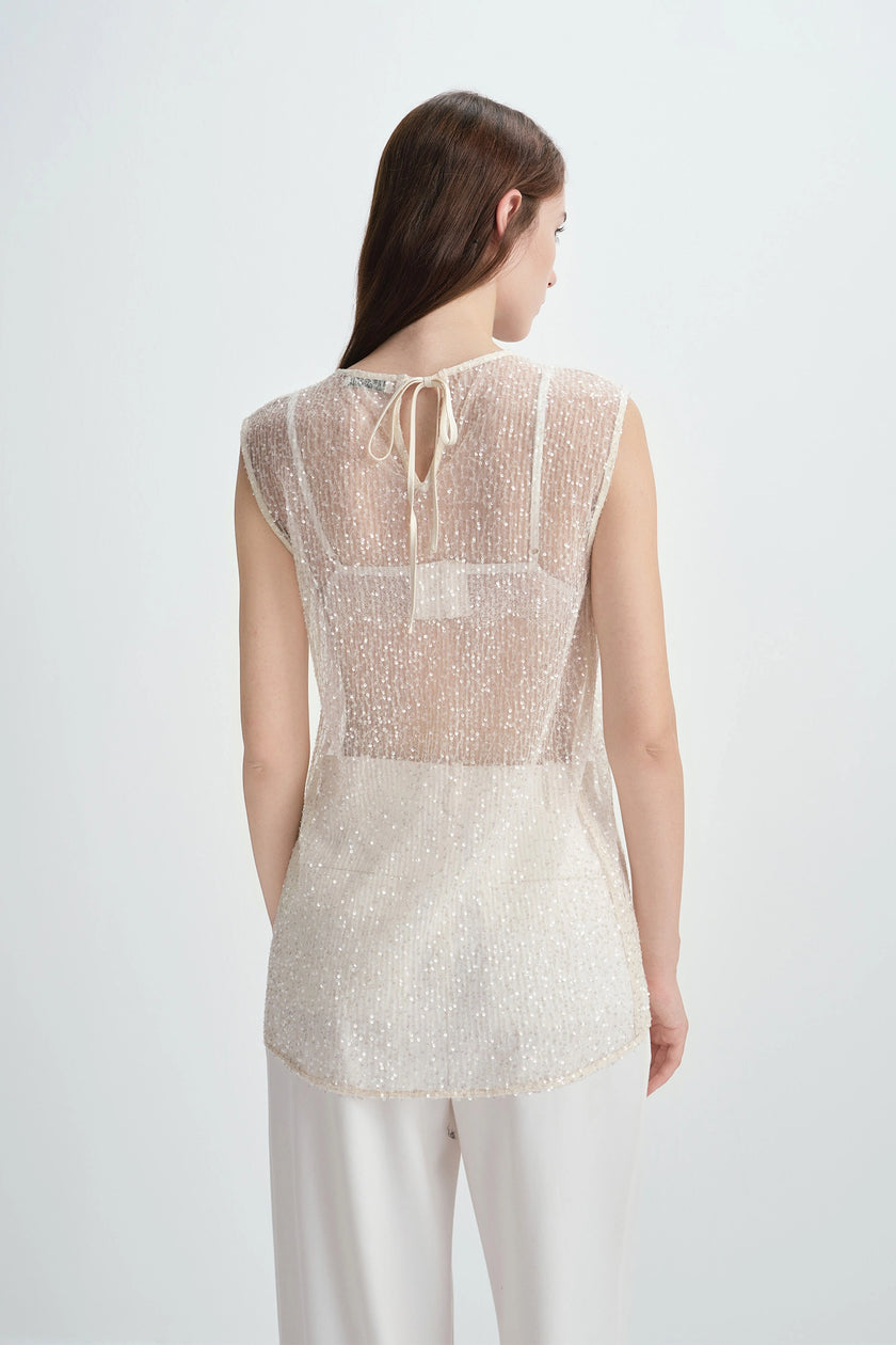 Ananya Sequinced Mesh Top Creme