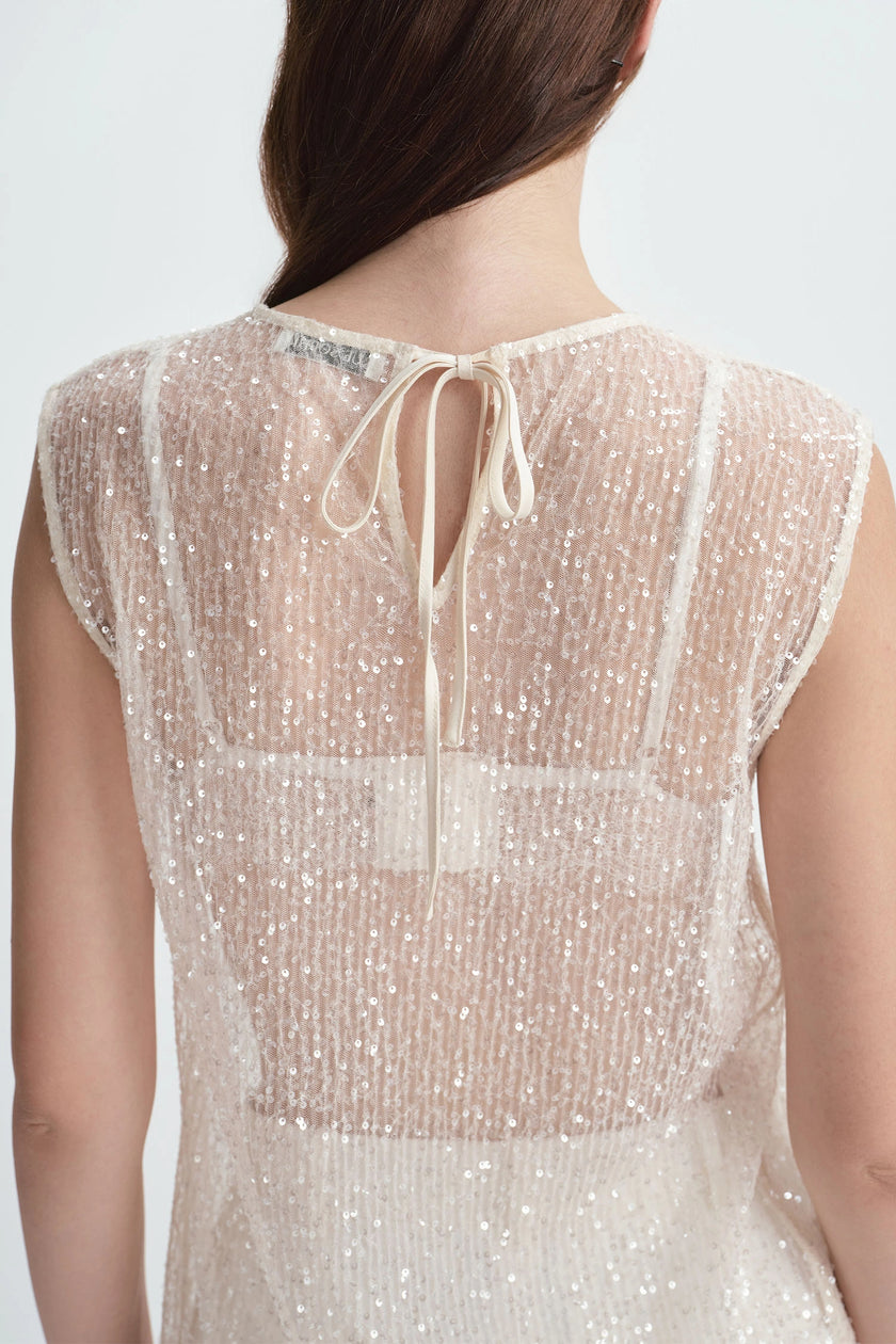 Ananya Sequinced Mesh Top Creme