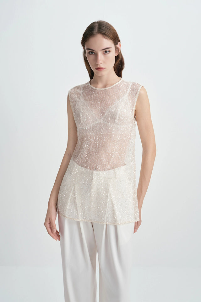 Ananya Sequinced Mesh Top Creme