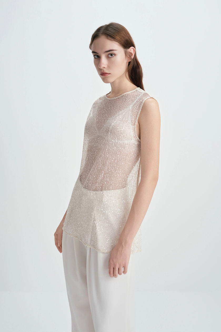 Ananya Sequinced Mesh Top Creme