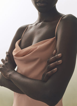 Peach-coloured minimalist dress with thin straps 
