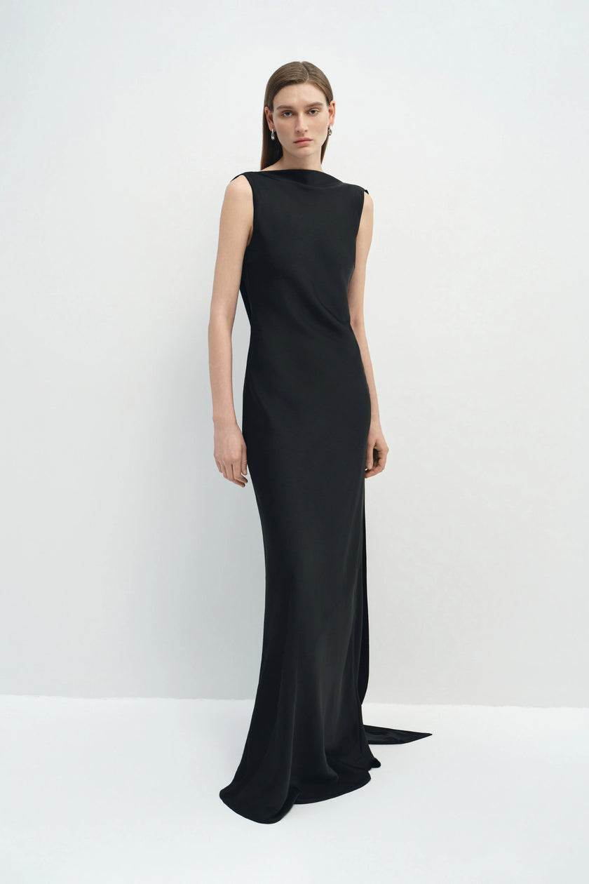 Inès Open-Back Draped Dress Black