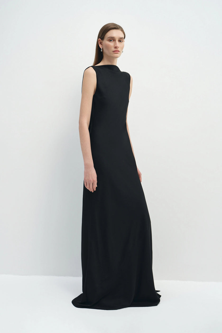 Inès Open-Back Draped Dress Black