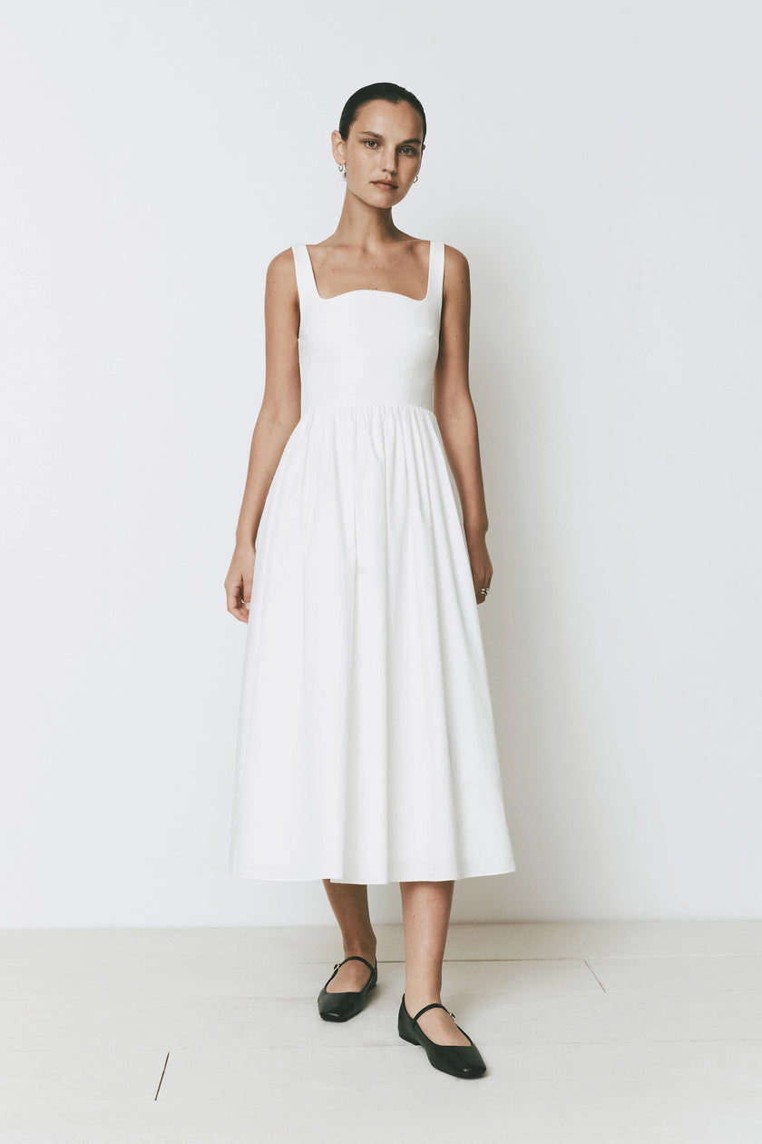 Mirabel Dress - White midi dress with square neckline and fit-and-flare silhouette.