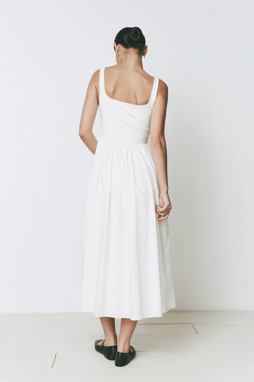 Mirabel Dress white midi dress with square neckline and fit-and-flare silhouette